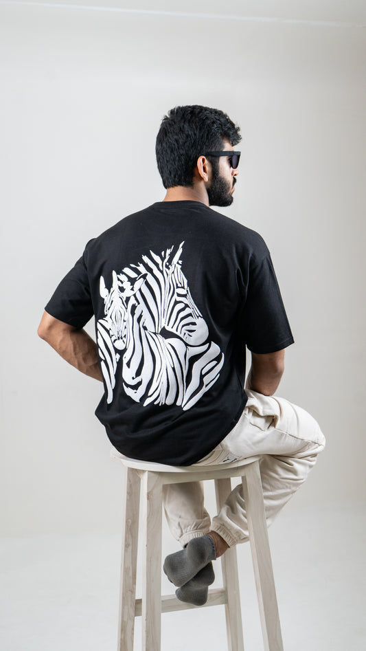 Zebra Club Black Oversized Puff Printed T-Shirt