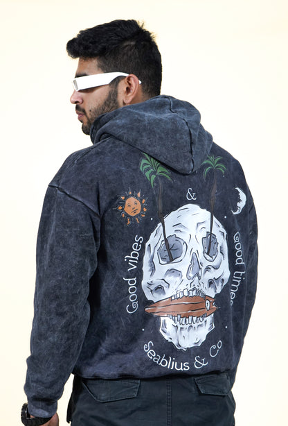 Skull Vibes Acid-Washed Oversized Hoodie